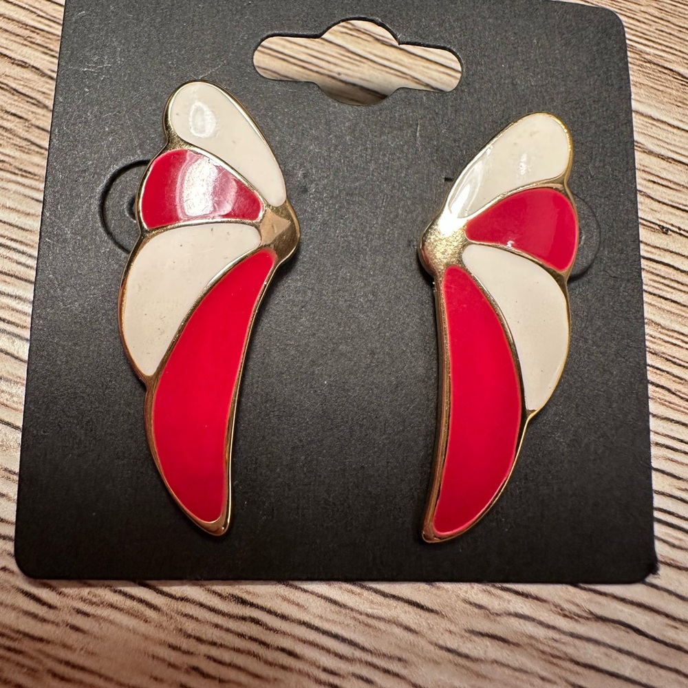 VTG Red‎ and White Wing Enameled Earrings